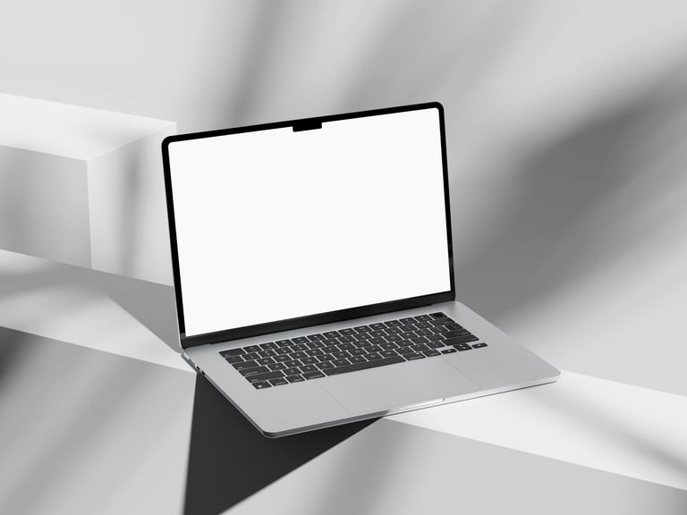 Minimalist laptop with soft shadows from plants around it