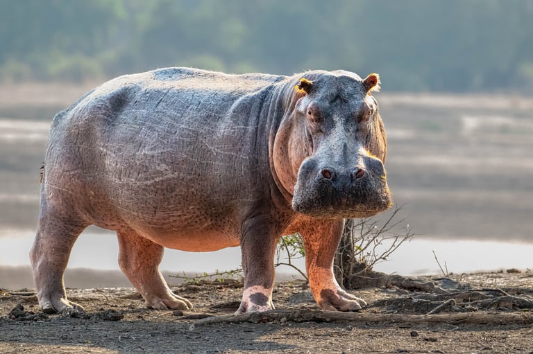 Hippopotamus stood on river bank looking directly at the camera